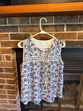 Blue Floral Sleeveless Tie-Neck Blouse